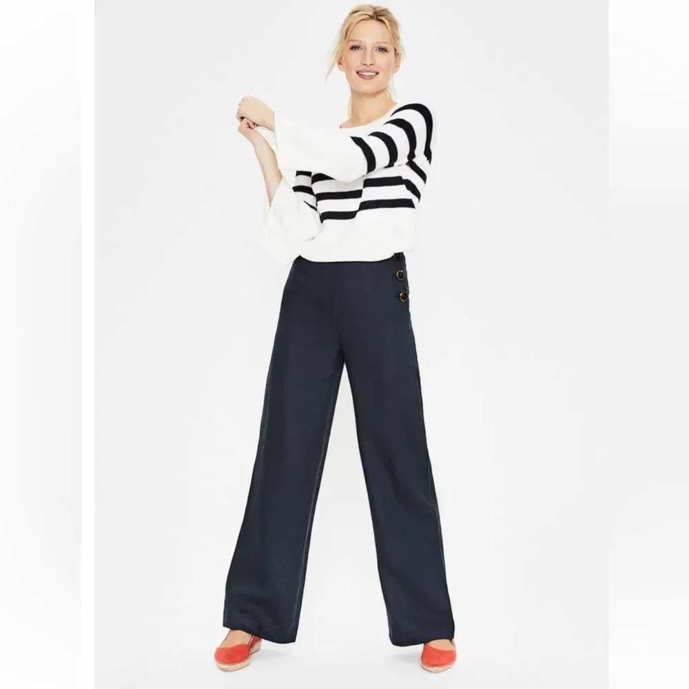 Boden Penzance Linen Pants Size 8P Navy Blue Linen Sailor Wide Leg Cropped Pants - Picture 2 of 7